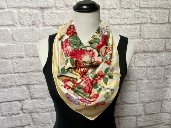 Vintage Yellow Floral Genuine Silk Scarf, Large S… - image 3