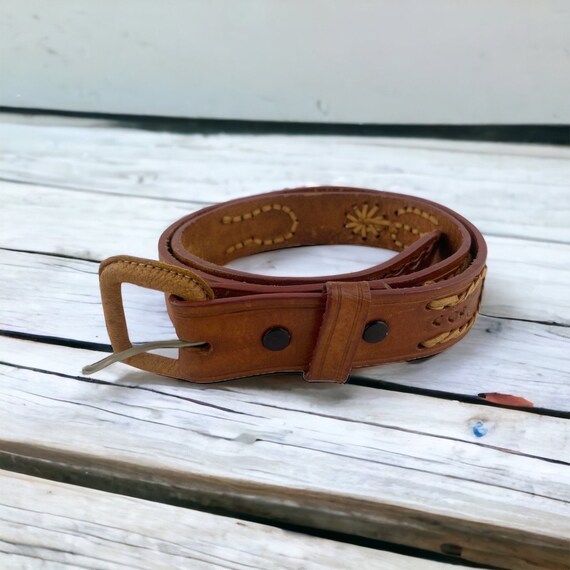 Vintage Brown Tooled Leather Western Belt, Wide L… - image 10