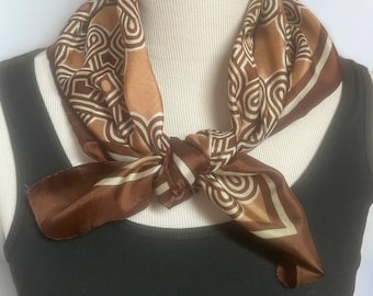 Vintage Brown Geometric Scarf, Small Square Scarf, Acetate Scarf, Head Scarf Hair Wrap, Ricardo Scarf, Best Gift for Her, **Flawed**