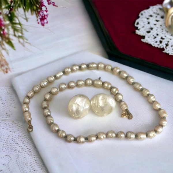 Vintage Faux Pearl Necklace and Earring Set, Demi Parure Set, 18 Inch Necklace, Screw Back Earrings, Midcentury Jewelry, Best Gift for Her