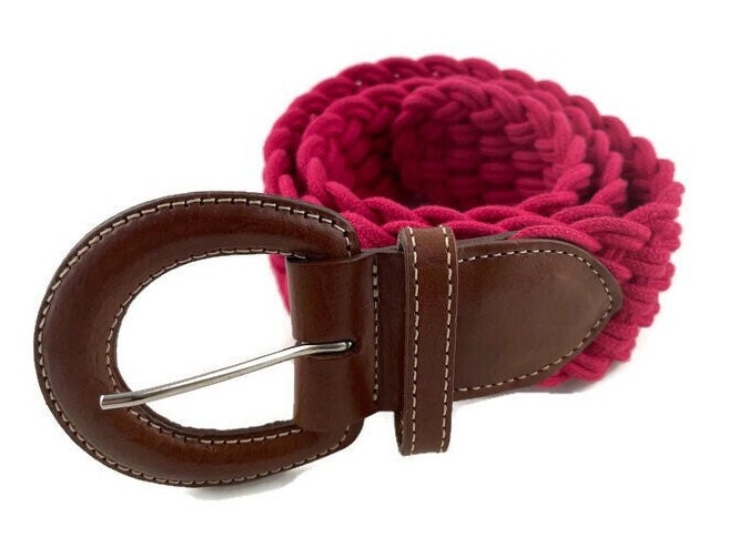 Lands End Belt Vintage Double Strap Brown Leather Woven Silver Toggle Size 26 Vintage Lands End Red Woven Belt With Brown Leather Buckle  main image 2