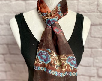 Vintage Long Brown Sheer Floral Scarf