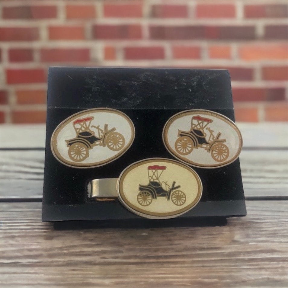 Boutons De Manchette Vintage Packard Car '00 - Jeu Pinces à Cravate, Noir Et Argent