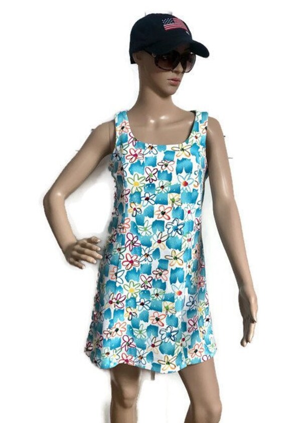 Vintage Womens Blue Floral Dress, Cotton Knit Sle… - image 6
