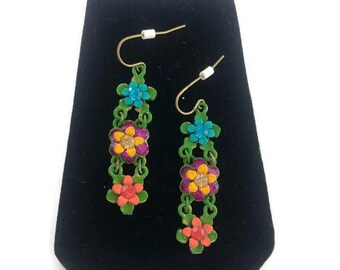 Vintage Colorful Floral Drop Earrings for Pierced Ears
