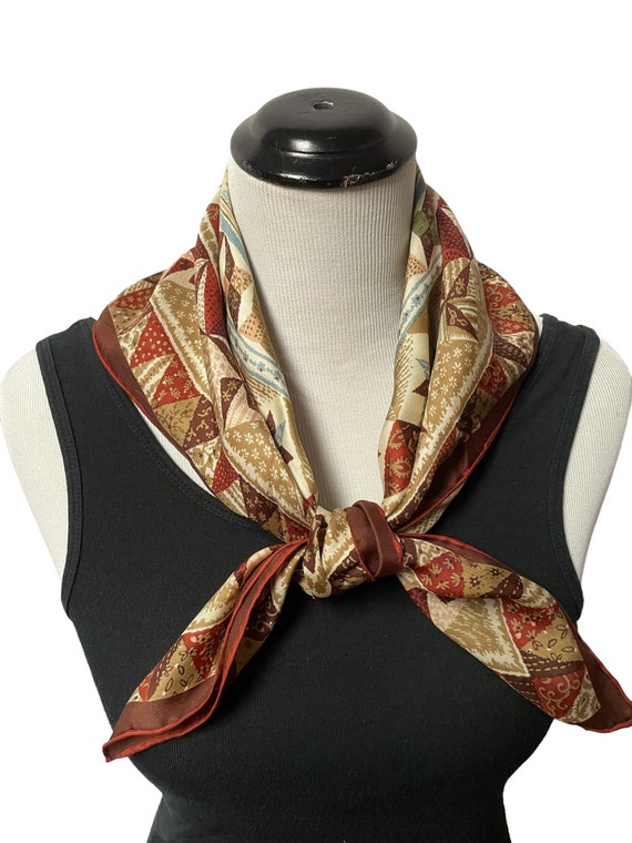 Vintage Brown Genuine Silk Scarf, Geometric Scarf… - image 4