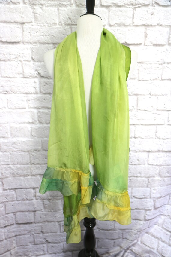 Vintage Lime Green Ruffled Silk Shawl Wrap - image 5