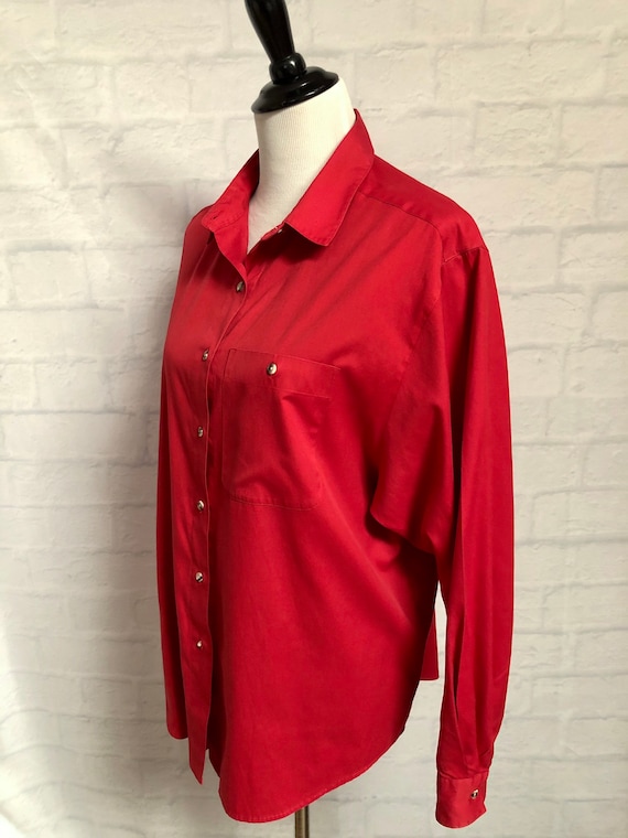 Vintage Womens Red Long Sleeve Red Shirt, Button Down… Gem