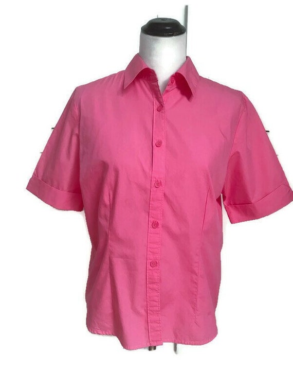 Vintage Talbots Womens Cotton Hot Pink Short Sleeve Button Down