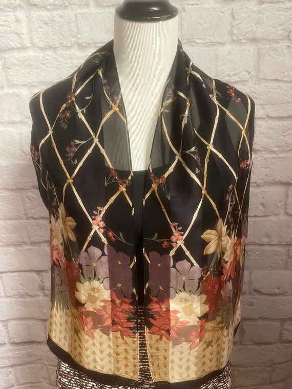 Vintage Liz Claiborne Long Black Silk Scarf, Flor… - image 2