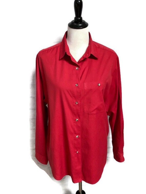 Vintage Womens Red Long Sleeve Red Shirt, Button Down… Gem