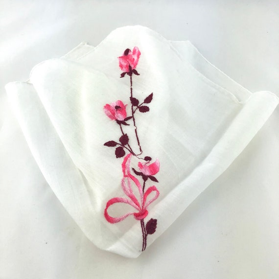 Vintage Pink Floral Handkerchief, Embroider Hanki… - image 2