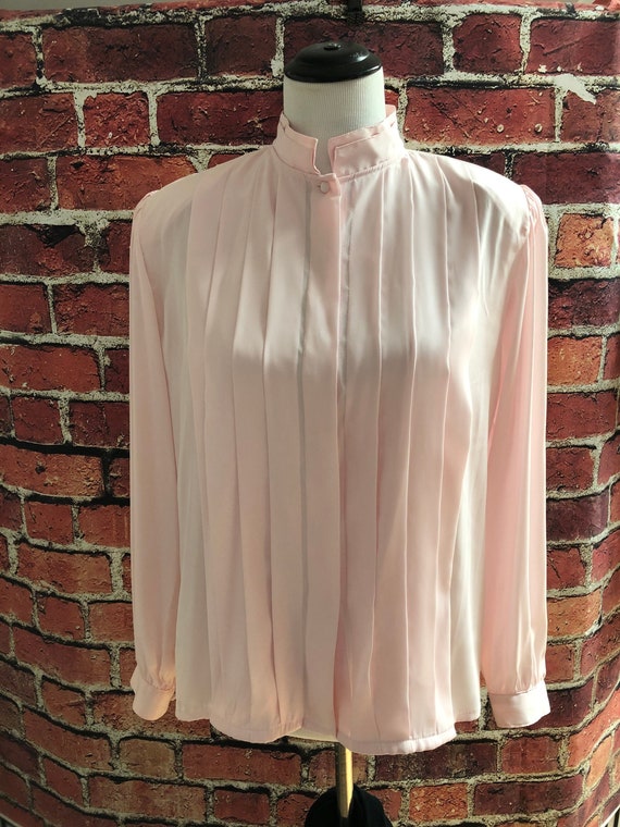 Vintage Pink Pleated Front Blouse, Long Sleeve Blo