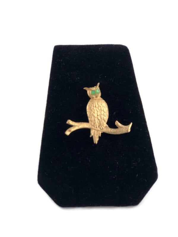 Vintage Small Gold Tone Owl Brooch with Green Eyes