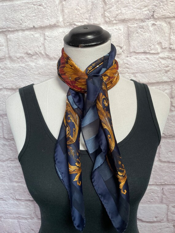 Vintage Brown Scarf, Navy Blue Scarf, Large Squar… - image 3