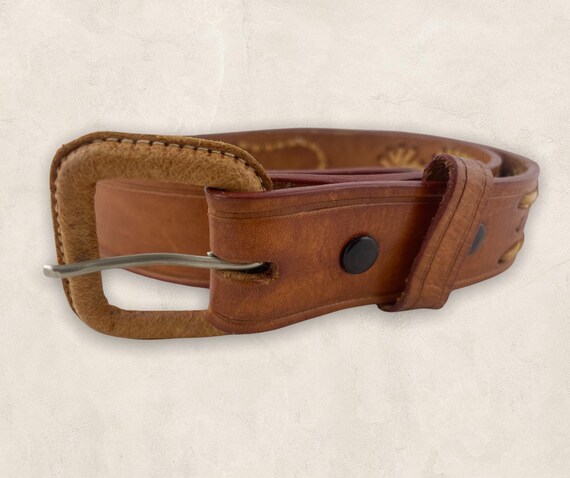 Vintage Brown Tooled Leather Western Belt, Wide L… - image 4