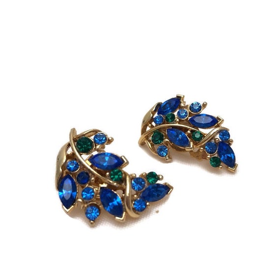 Vintage Blue Rhinestone Clip On Earrings, Special… - image 3