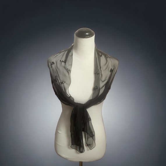Vintage Sheer Black Floral Scarf, Long Silk Scarf… - image 4