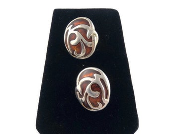 Vintage Large Silver Tone and Brown Ornate Clip Earrings