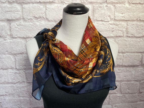 Vintage Brown Scarf, Navy Blue Scarf, Large Squar… - image 1