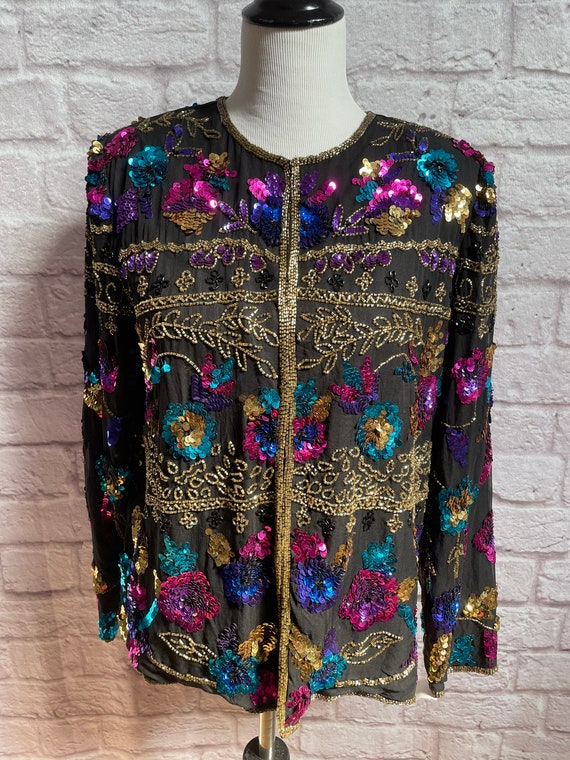 Vintage Sequin Jacket, Beaded Evening Jacket, Bla… - image 7