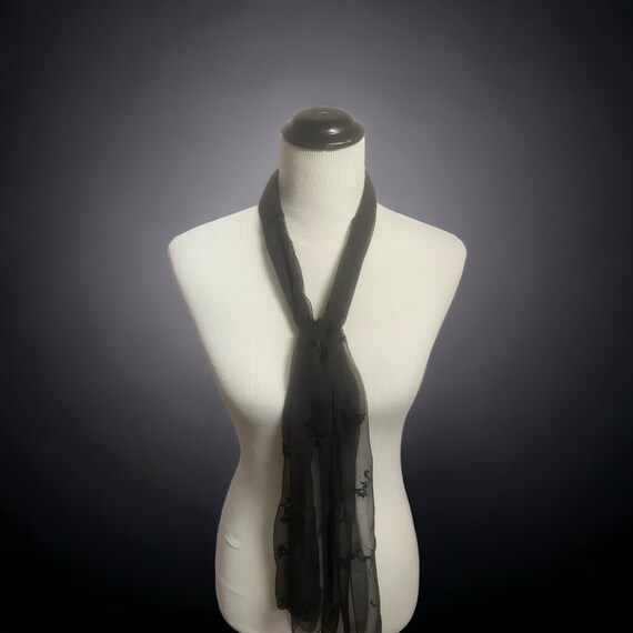 Vintage Sheer Black Floral Scarf, Long Silk Scarf… - image 3