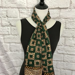 Vintage Aldolfo Green Animal Print Silk Scarf