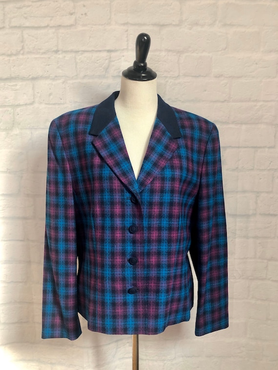 Vintage Womens Blue Plaid Blazer, Wool Pendleton B