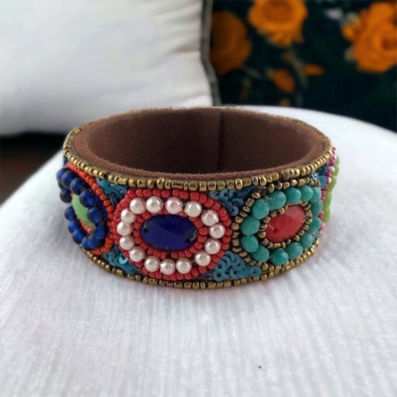 Vintage Wide Beaded Bracelet, Wide Beaded Bangle, 