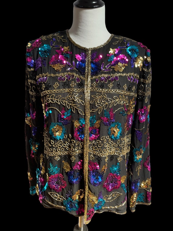 Vintage Sequin Jacket, Beaded Evening Jacket, Bla… - image 5