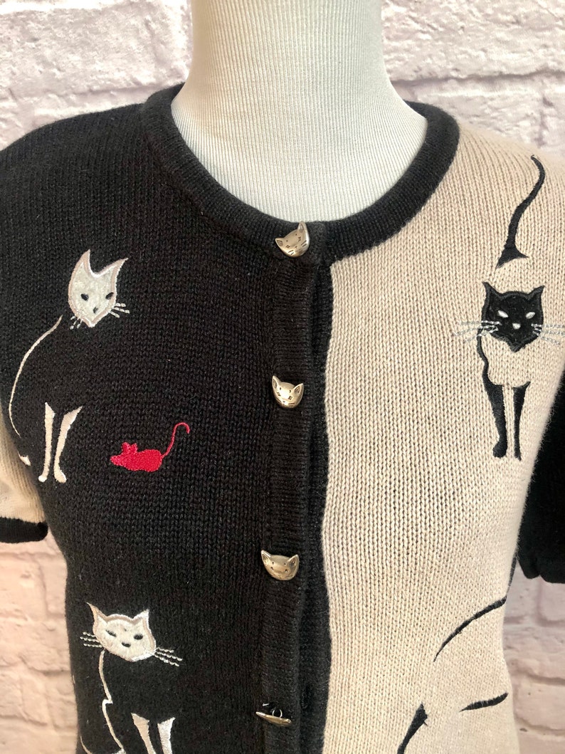 Vintage Womens Christopher Banks Short Sleeve Cardigan Sweater with Cats