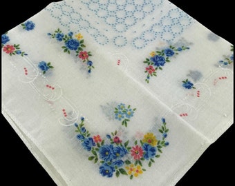 Vintage Blue Floral Handkerchief, Embroidered Cotton Hankie