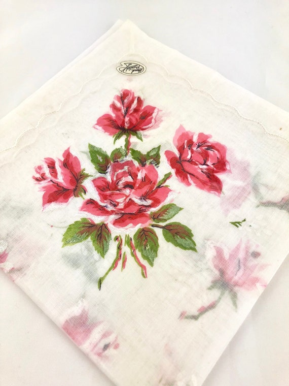 Vintage Floral Handkerchief, Pink Roses, Pink Hand