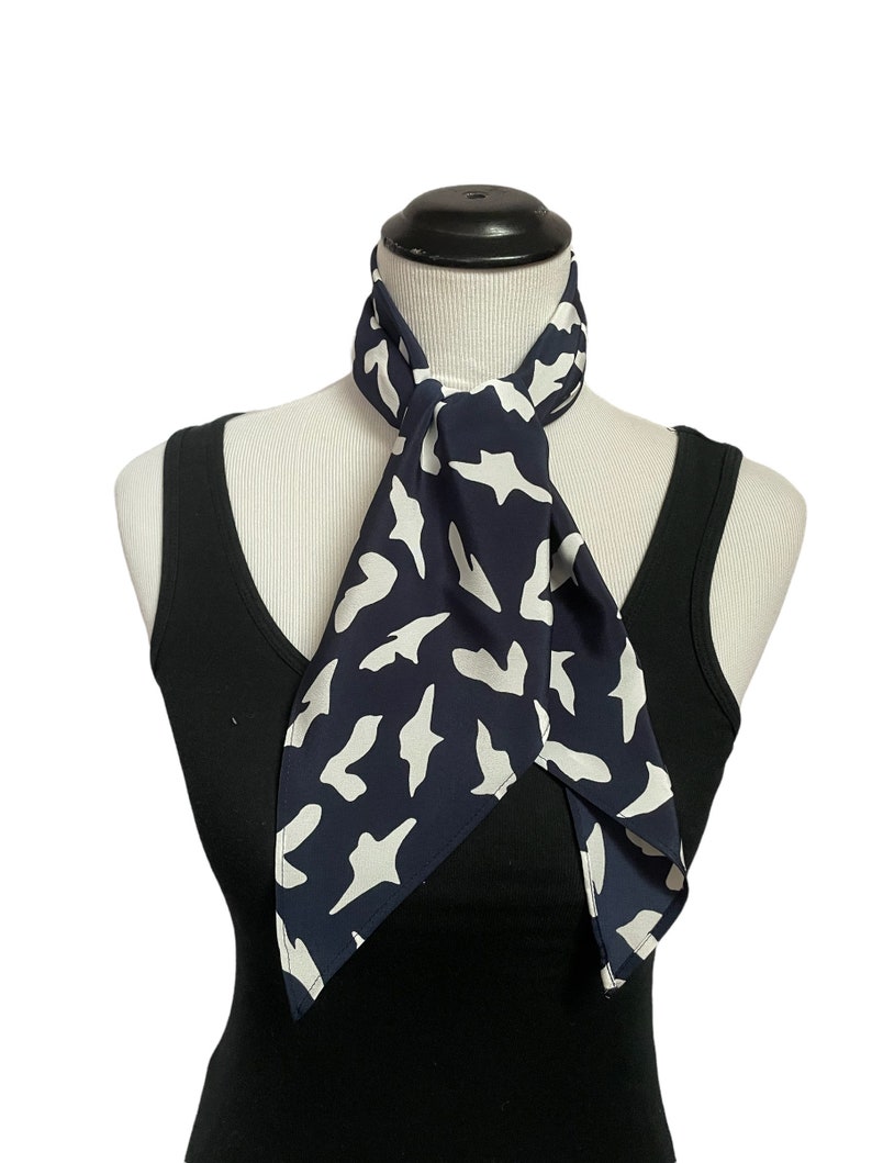 Vintage Triangle Scarf, Navy Blue Abstract Scarf, Spring Head Scarf image 4