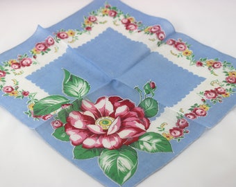 Vintage Blue Floral Cotton Handkerchief with Red Flowers