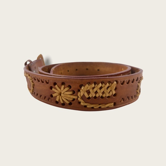 Vintage Brown Tooled Leather Western Belt, Wide L… - image 9