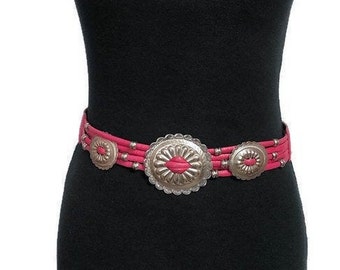 Vintage Womens Ginnie Johansen Decorative Fuschia Leather Belt with Hook and Loop Closure
