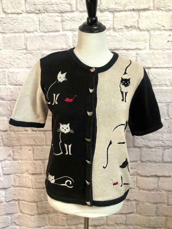 Vintage Womens Christopher Banks Short Sleeve Cardigan Sweater with Cats