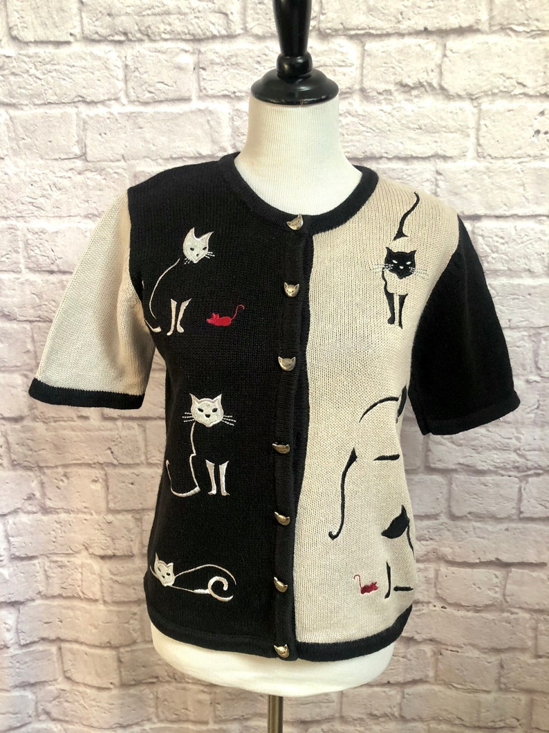 Vintage Womens Christopher Banks Short Sleeve Cardigan Sweater with Cats
