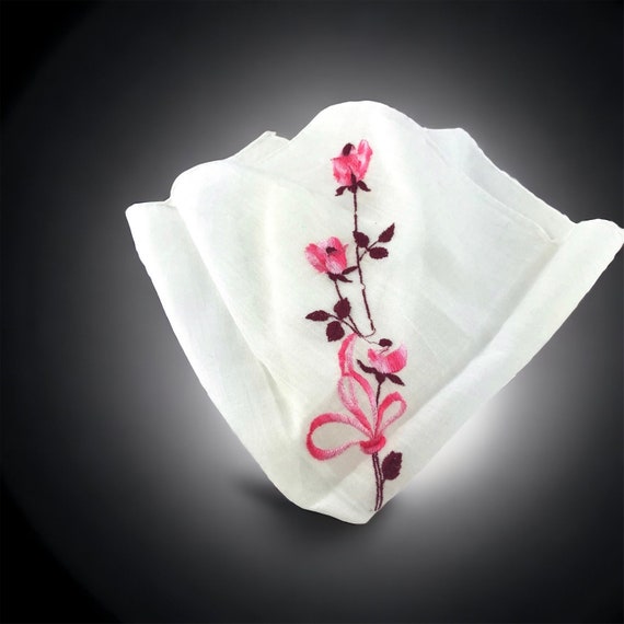 Vintage Pink Floral Handkerchief, Embroider Hanki… - image 9