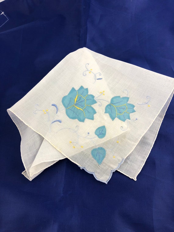 Vintage Blue Appliquéd Handkerchief, Embroidered H