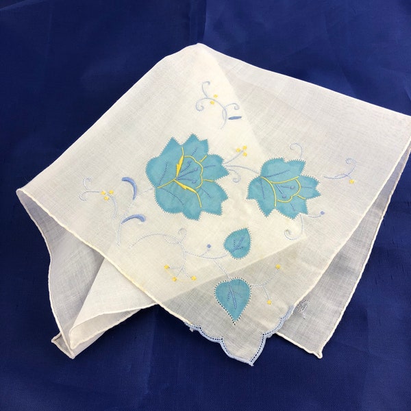 Vintage Blue Appliquéd Handkerchief, Embroidered Hanky, White Cotton Hanky