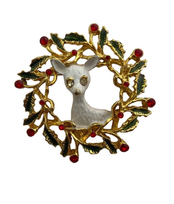 Vintage Wreath Pin, Reindeer Pin, Wreath Brooch, … - image 4