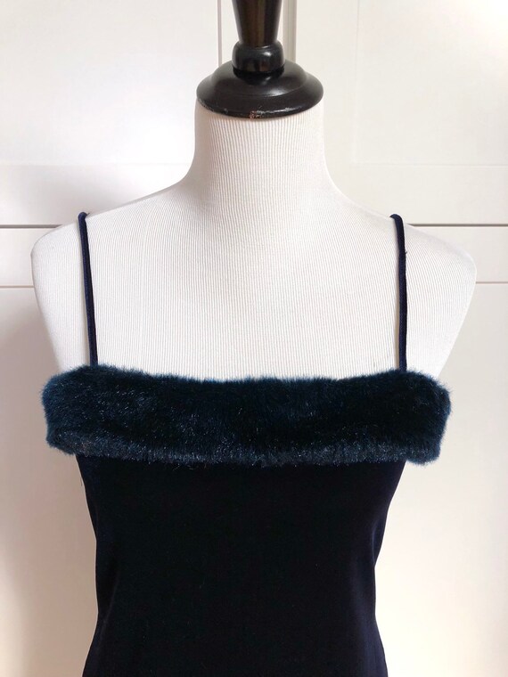 Vintage Fur Trimmed Velvet Navy Blue Evening Dress