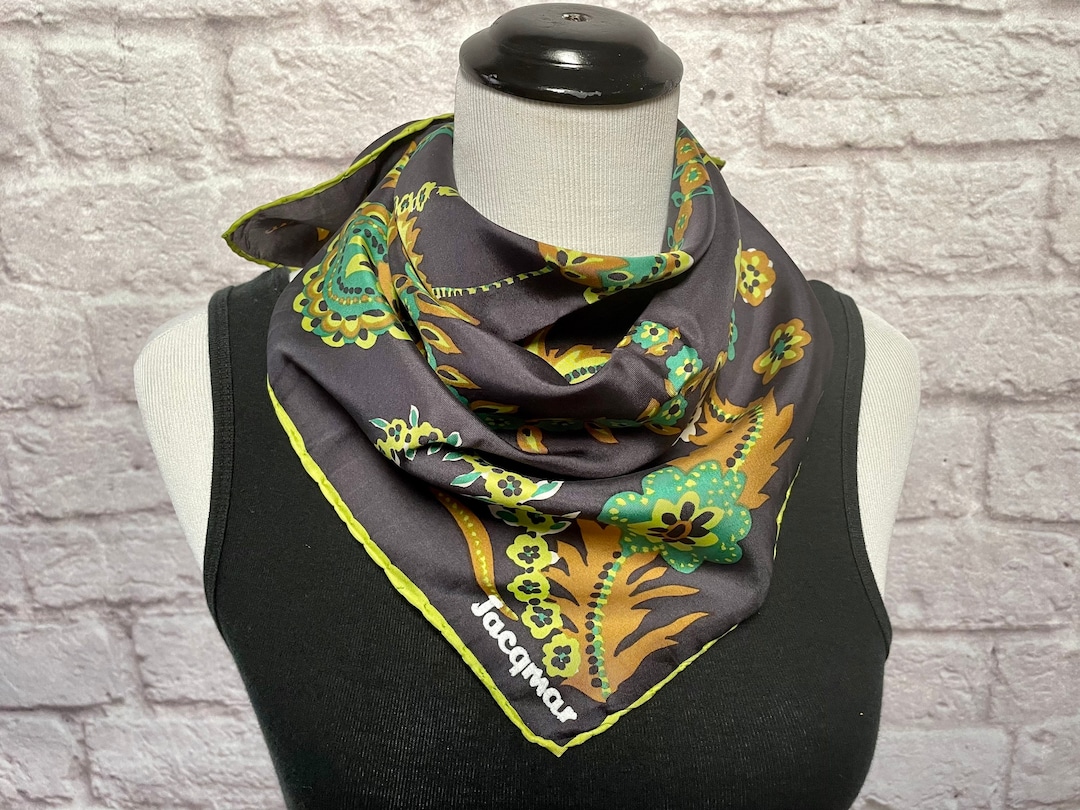 Foulard Vintage JACQMAR London En Soie Pure - 72 X 74 Cm - Beige - Écharpe Carrée Ou Bandana