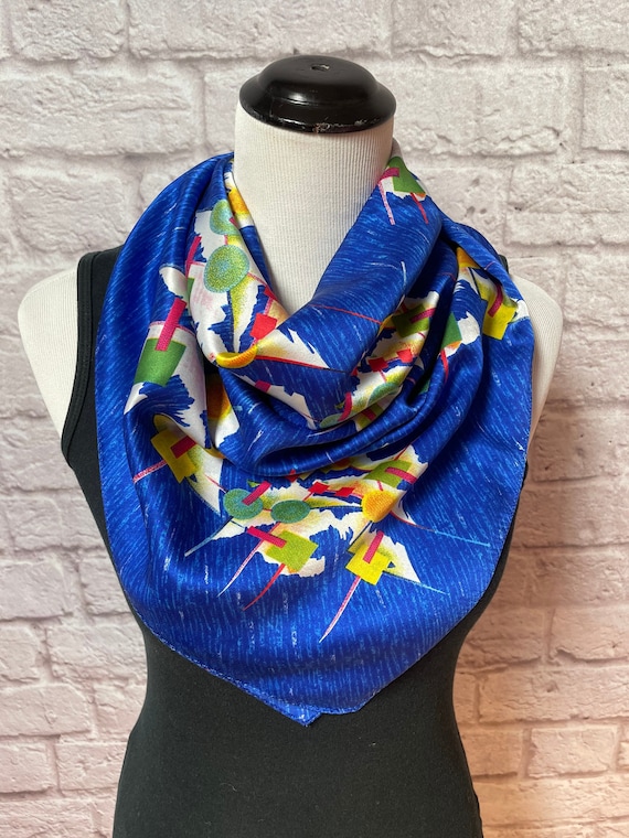 Vintage Large Blue Geometric Scarf, Genuine Silk S