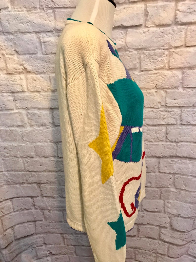 Vintage Heirloom Collections Oversized Cotton Knit Colorful Geometric Print Sweater