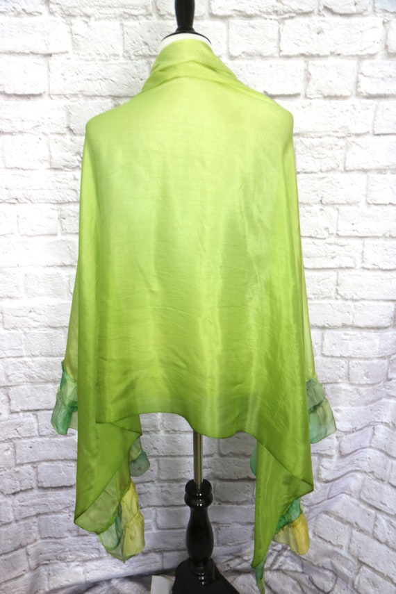 Vintage Lime Green Ruffled Silk Shawl Wrap - image 2