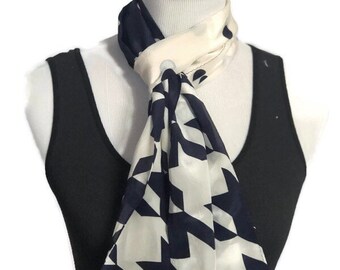 Vintage Navy Blue Genuine Silk Scarf, Long Silk Scarf, Geometric Scarf, Best Gift for Her