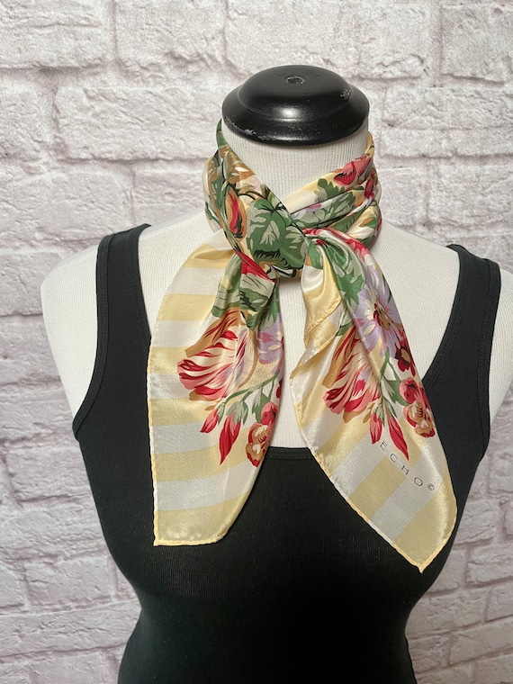 Vintage Yellow Floral Genuine Silk Scarf, Large S… - image 2